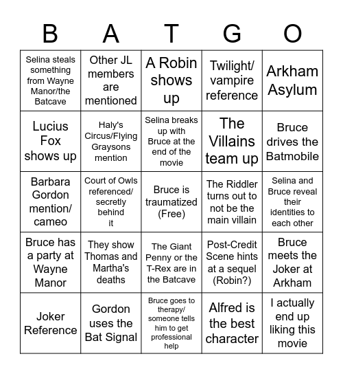 "The Batman" Bingo Card