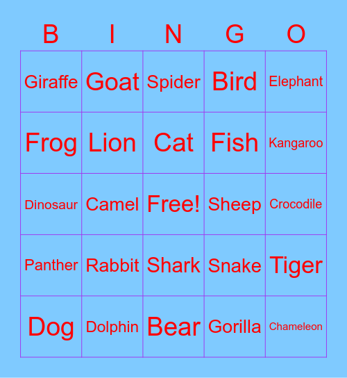 ANIMALS Bingo Card