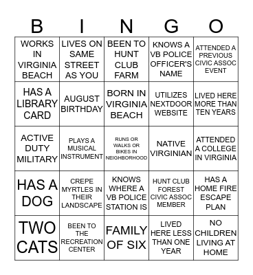 GET TO KNOW YOUR NEIGHBORS   Find people that match the descriptions below and have them sign the applicable square (residents are allowed to sign only one square per sheet) Bingo Card