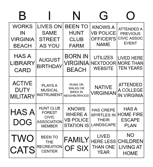 GET TO KNOW YOUR NEIGHBORS   Find people that match the descriptions below and have them sign the applicable square (residents are allowed to sign only one square per sheet) Bingo Card