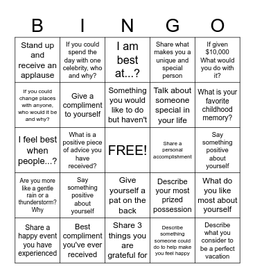 Social/Self-Esteem Bingo Card