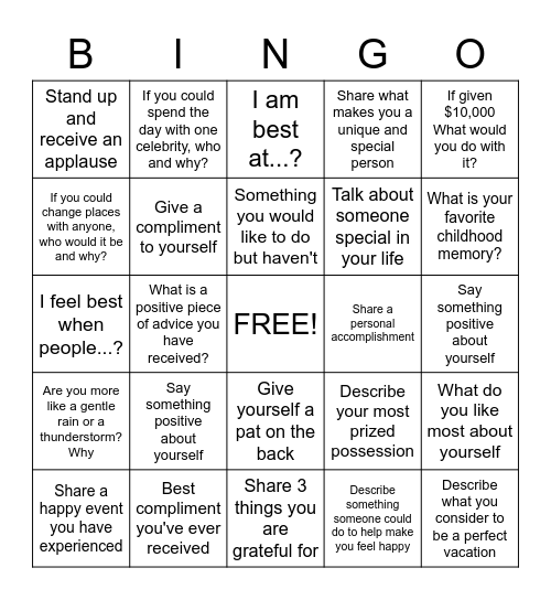 Social/Self-Esteem Bingo Card