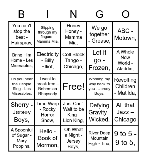 A Night at the Musicals! Bingo Card