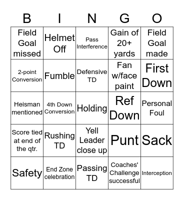 A&M Football Bingo Card