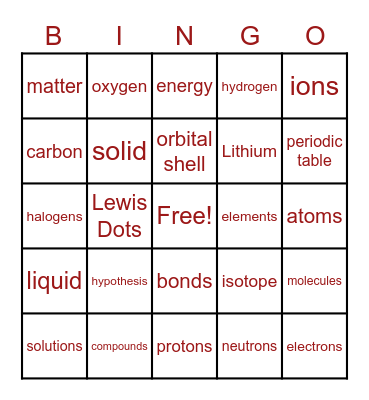 CHEMISTRY RCMS Bingo Card