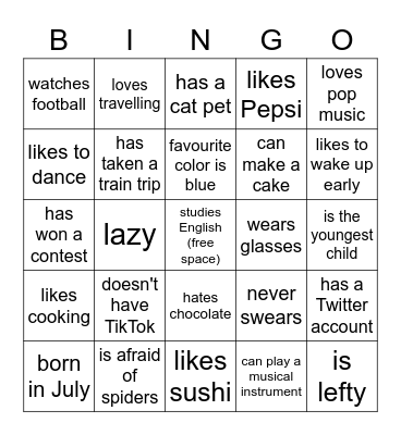 Get to know each other! Bingo Card