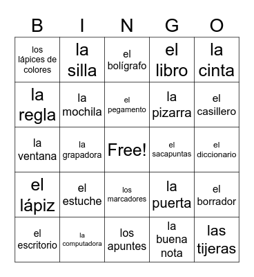 Classroom Objects Bingo Card