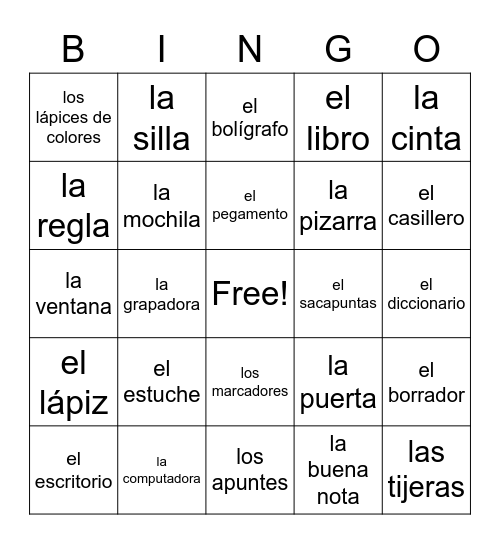 Classroom Objects Bingo Card