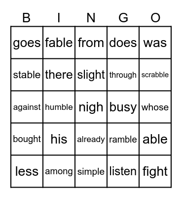 Reading Words Bingo Card