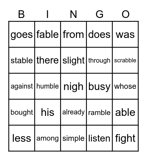 Reading Words Bingo Card