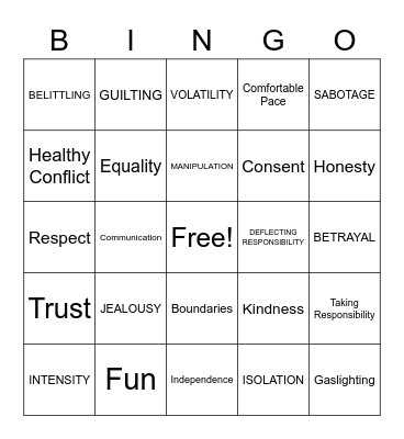 Relationship Bingo Card