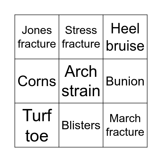 Foot and Toes Bingo Card