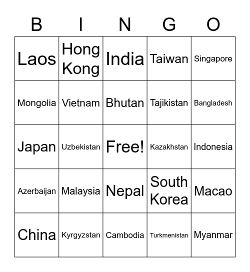 Geography of Asia Bingo! Bingo Card
