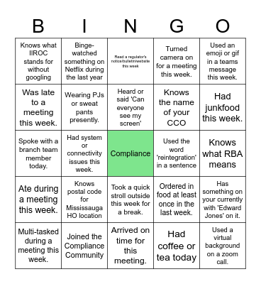 Compliance Virtual BINGO Card