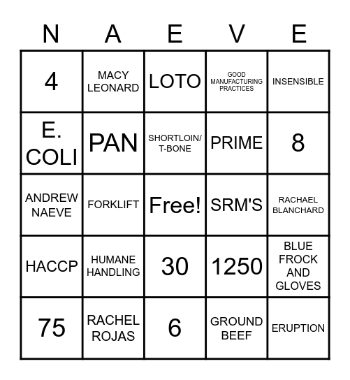 NAEVE FAMILY BEEF REVIEW BINGO Card