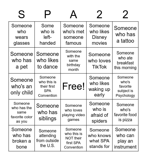 SPA Convention Bingo Card