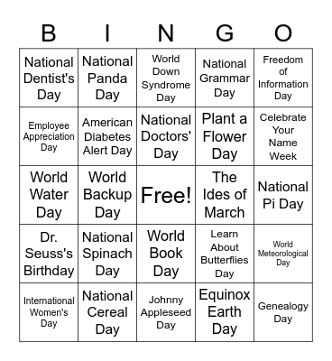 March Holidays Bingo Card