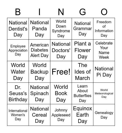 March Holidays Bingo Card