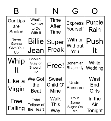 80's Music Bingo Card