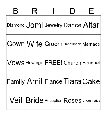 Jomi's Bridal Bingo Card