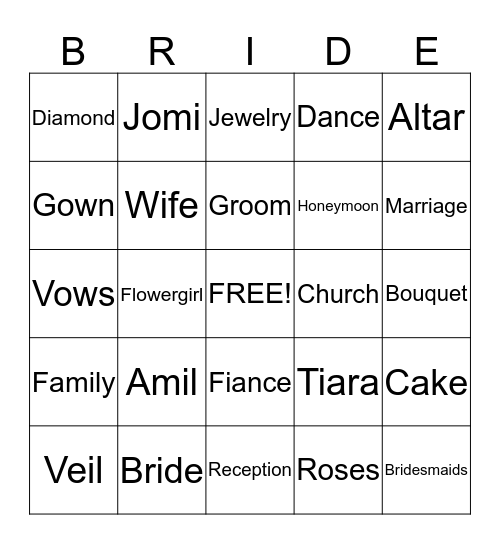 Jomi's Bridal Bingo Card