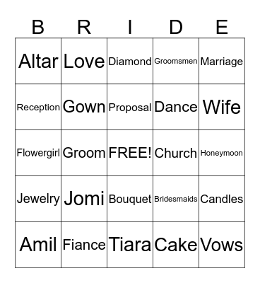 Jomi's Bridal Bingo Card