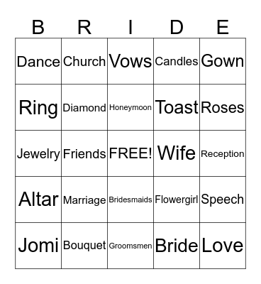 Jomi's Bridal Bingo Card