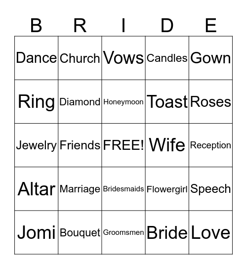 Jomi's Bridal Bingo Card