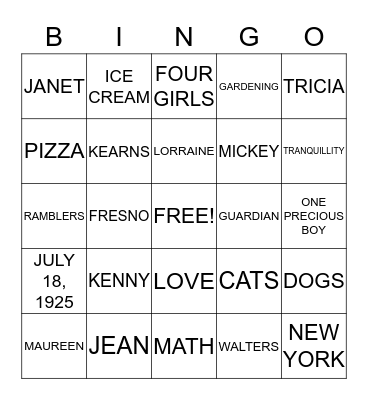 Jean Walters Bingo Card