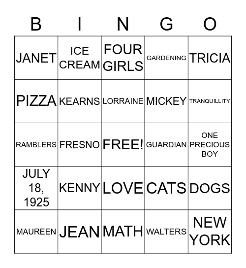 Jean Walters Bingo Card