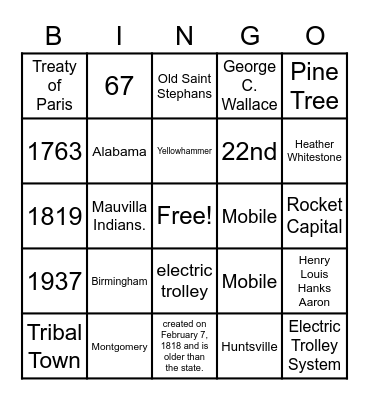 Alabama Bingo Card