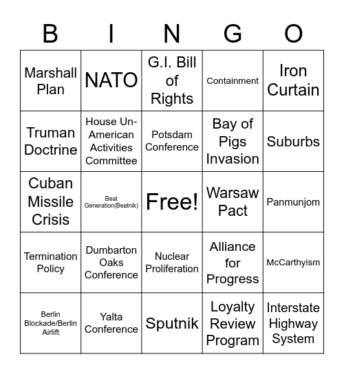 Cold War (SHS) Bingo Card