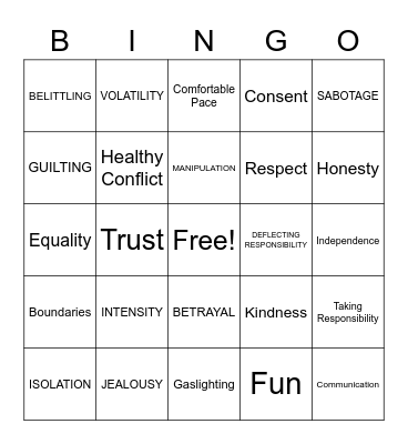 Relationship Bingo Card