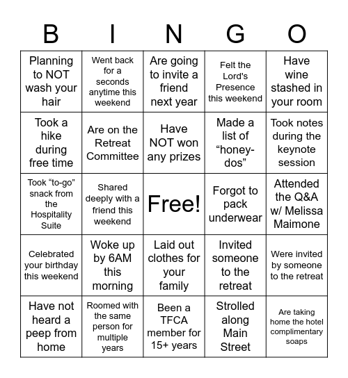 Women's Retreat Bingo Card