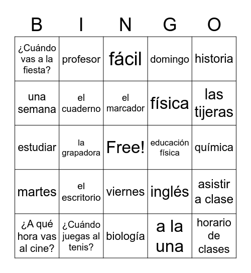 Spanish II School schedules Bingo Card