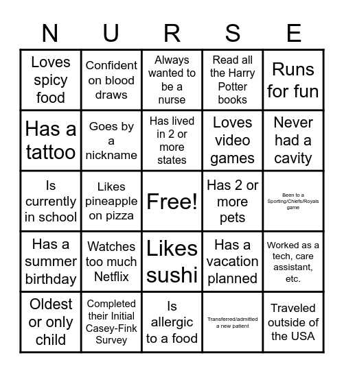 Nurse Residency Program Bingo Card