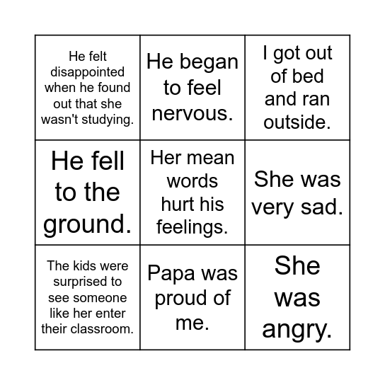 Show vs. Tell Bingo Card
