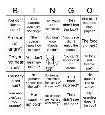 LESSON 4 NEGATIVE QUESTIONS Bingo Card