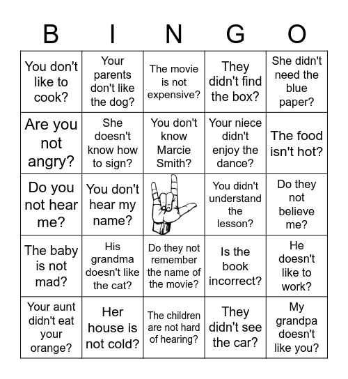 LESSON 4 NEGATIVE QUESTIONS Bingo Card