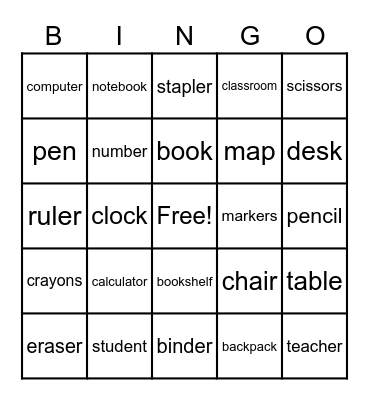 Classroom Objects Bingo Card