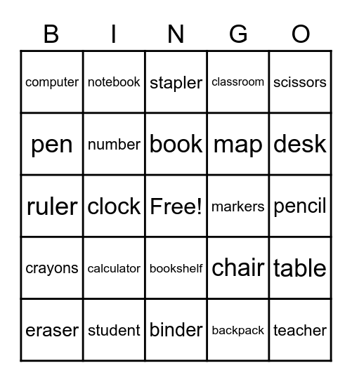 Classroom Objects Bingo Card