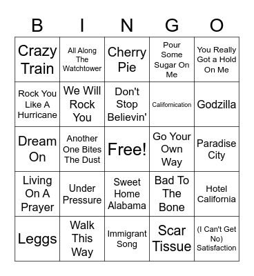 Classic Rock Bingo Card