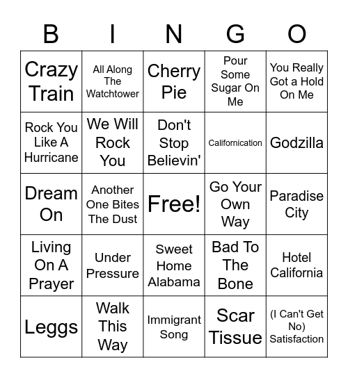 Classic Rock Bingo Card