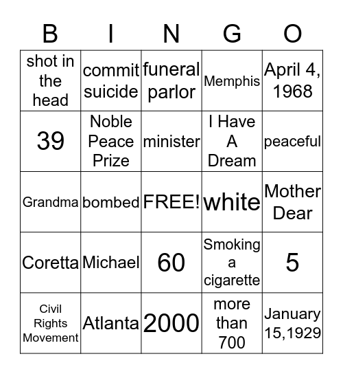 Martin Luther King Bingo Card
