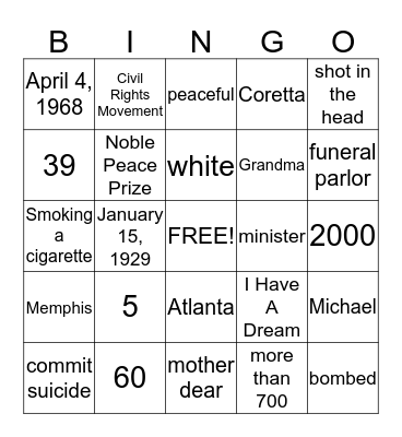 Martin Luther King Bingo Card