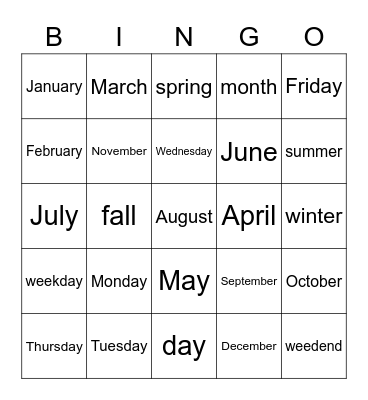 Days-Months-Seasons Bingo Card