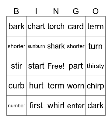 R-Controlled Vowels Bingo Card