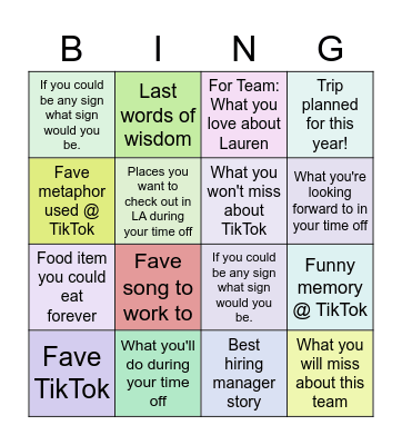 Lauren we will miss you! Bingo Card