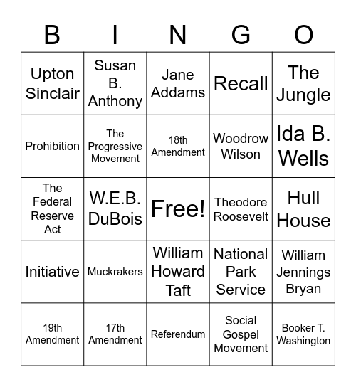 Progressive Era Bingo Card