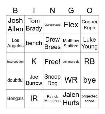 Fantasy Football Bingo Card